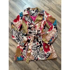 3 Sisters Trench Coat Floral Velvet Colorful Rhinestone Buttons Belted Small